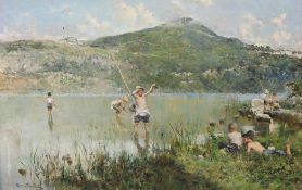 Arcadi Mas i Fondevila (1852-1904)oil on board,Children fishing for crabs,signed, MacConnal Mason