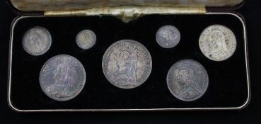 A cased Victorian 1887 silver Golden Jubilee coin set, comprising seven coins from crown to