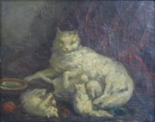 Circle of Eugene Delacroix (1798-1863)oil on canvas,`La chat a la pelote`,initialled, labels verso,