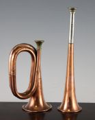 A Kohler & Son copper hunting horn, 9.75in., together with a copper bugle hunting horn