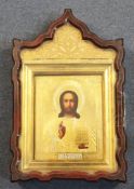 19th century Russian Schooltempera on wooden panel,Icon of Christ Pantocrator,with silver gilt