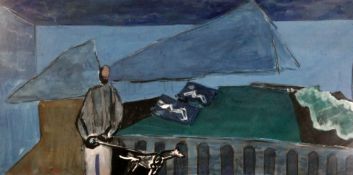 Francis McGillwatercolour and coloured chalk,Man walking a dog in a landscape,signed,15.75 x 32.