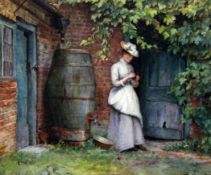 Miss Emmeline S.A. McMillan (fl.1885-1892)watercolour,Woman knitting beside a cottage door,