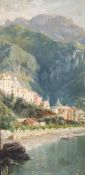 Angelo Della Mura (1867-1922)oil on wooden panel,View of Amalfi,signed,15 x 7.5in.; unframed
