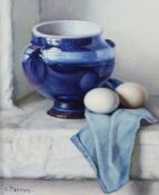 Charles Perron (French, 1893-1958)oil on board,Two eggs and a lustre glazed vase,signed,10.5 x 8.