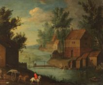 18th century Flemish Schooloil on copper panel,River landscape with horsemen, figures in boats and