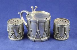A good Victorian novelty silver mustard modelled as a regimental drum by George Fox, the hinged