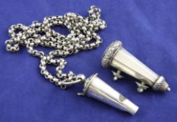 A Victorian silver policeman`s whistle, of tapering octagonal form, Joseph Jennens & Co, Birmingham,