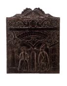 A FLEMISH CARVED AND STAINED PINE PANEL, LATE 16TH CENTURY, of arched form with a stylised twin bird