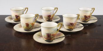 A Royal Worcester Highland cattle painted part coffee set, signed H.Stinton, date code for 1931, the