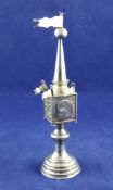 A 19th century Russian 84 zolotnik silver spice tower, with turned stem and filigree work square