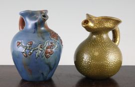 Two Elton ware jugs, early 20th century, both with pinched necks, one with gold metallic and green