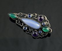 A 20th century Arts & Crafts silver and multi cabochon gem set open work brooch, attributed to Sibyl
