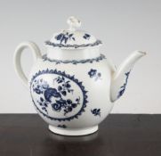 A Worcester globular teapot, c.1770, printed in blue with oval reserves of fruit and flowers, with