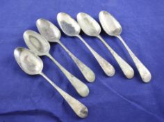 A set of six George II silver Old English pattern base marked table spoons, with engraved initial,