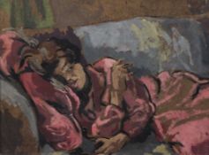 Gerald Reitlinger (1900-1988)oil on hardboard,Study of a seated woman,Estate stamp verso,13 x 17.