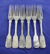 A set of six Victorian silver fiddle pattern table forks, with engraved monogram, George Adams,