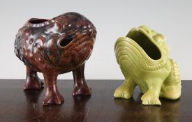 Two Burmantofts faience three legged toad spoon warmers, c.1900, the first standing with flambe