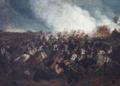 19th century French Schooloil on canvas,Cavalrymen in battle,16 x 22in.