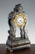 A 19th century French ebonised and inlaid mantel clock, c.1840, with enamel dial signed Delhaye,