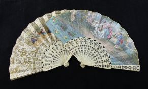 A late 18th century French bone fan, the leaves printed with a watteauesque figural scene,