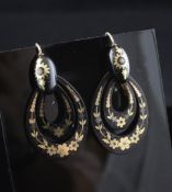 A pair of early 20th century tortoiseshell and gold pique graduated double hoop drop earrings, of