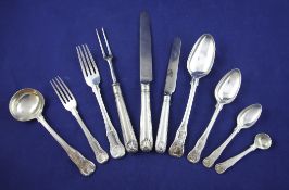 An extensive George IV part canteen of silver double struck hourglass pattern flatware, comprising