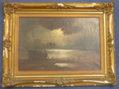 George Hydeoil on canvas,Beached fishing boat under moonlight,signed,16 x 24in.