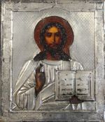 19th century Russian Schooltempera on wooden panel,Icon of Christ Pantocrator,with 84 zolotnik