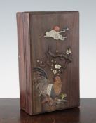 A Chinese rosewood stone and mother of pearl inlaid box, the lift off cover relief decorated with