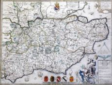 Christopher Saxtoncoloured engraving,Map of Sussex, Surrey and Kent 1694, corrected and amended by