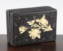 A Chinese black lacquer and ivory inlaid box, early 20th century, the cover inset with an ivory