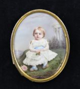 Gaspard Lamuniere (1810-1865)enamel on copper,Miniature of child seated on a grassy mound, a