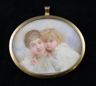 Edwardian Schooloil on ivory,Miniature of a mother and child,2.5 x 3.25in.
