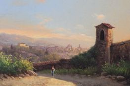 E. Alturi (1800-1900)oil on board,Distant view of Florence,signed,4.5 x 6.75in.