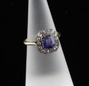 A 1920`s gold, synthetic sapphire and diamond set dress ring, of octagonal tablet form, with central