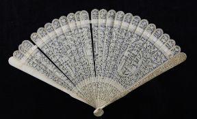 A Chinese export ivory brise fan, late 18th century, the sticks pierced and carved in relief with