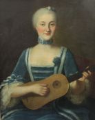 18th century French Schooloil on canvas,Portrait of a lady wearing a blue dress playing a guitar,