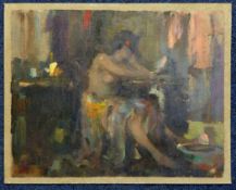 Ken Moroney (1949-)oil on card,Nude at a dressing table,signed,7.25 x 9.25in unframed.