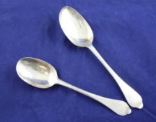 Two Queen Anne Brittania standard silver rat tail dog nose spoons, each with engraved initials,