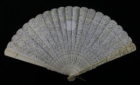 A Chinese export ivory brise fan, 19th century, the sticks with shaped reserves of figures amid