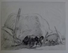 Edmund Blampied (1886-1966)pencil on thin paper,Harvesters and horses beside haystacks,signed,6 x