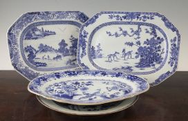 Four Chinese export blue and white dishes, 18th century, the circular dish painted with bamboo,