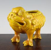 A Burmantofts faience yellow glazed three legged toad spoon warmer, c.1900, impressed marks and