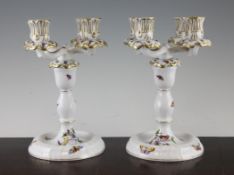 A pair of Herend Rothschild bird pattern four branch candelabra, printed marks, 9in.