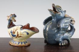 A C.H. Brannam, Barum pottery sauceboat and a similar griffin jug, c.1891-93, the sauceboat with