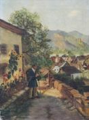 19th century English schooloil on canvas,Traveller overlooking a Rheinish town,12.5 x 9.5in.