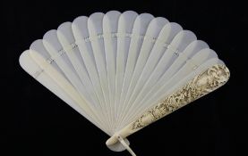 A 19th century Dieppe ivory carved fan, the front guard stick carved with nautical subjects,