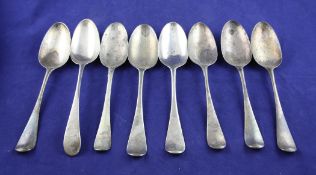 Four late George II silver Hanovarian pattern base marked table spoons by Ebenezer Coker, with