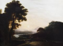 Late 18th century English Schooloil on canvas,Extensive wooded landscape with sun rising over the